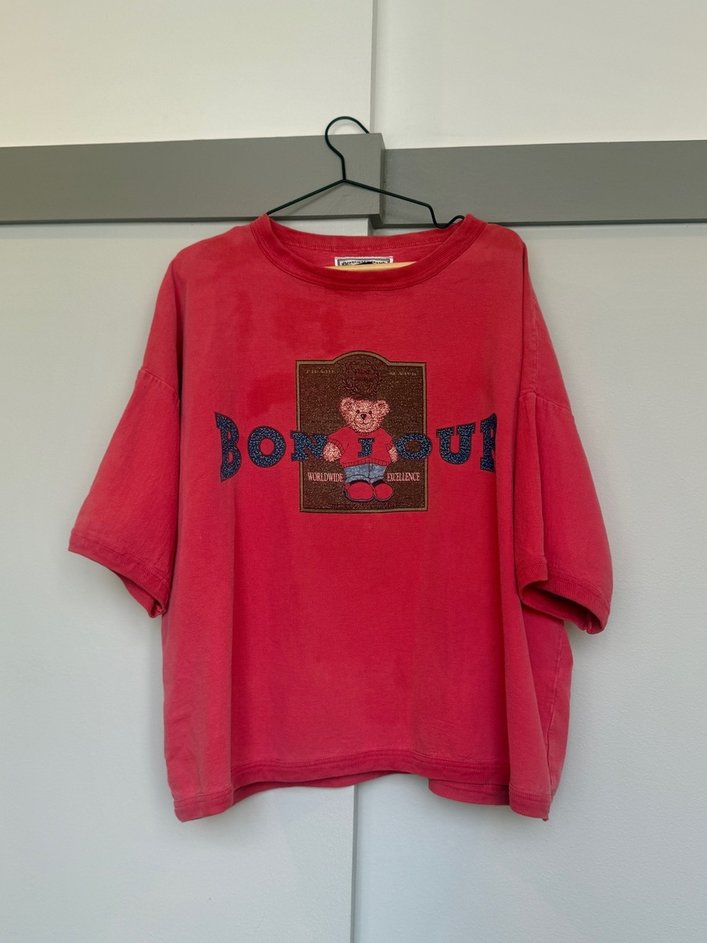 Vintage Bonjour Teddy Bear Graphic T-Shirt Pink Oversized Cotton Cute One Size